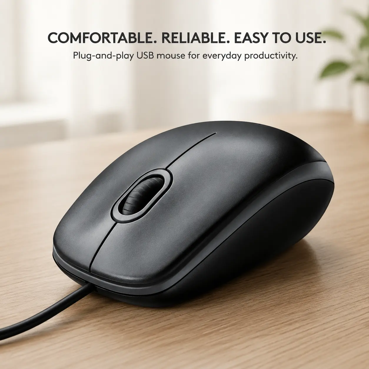 Comfortable Wired USB Desktop Mouse - Ambidextrous Left Handed Cable System Mouse for Computers & Laptops, Basic Office & Home Use, Black