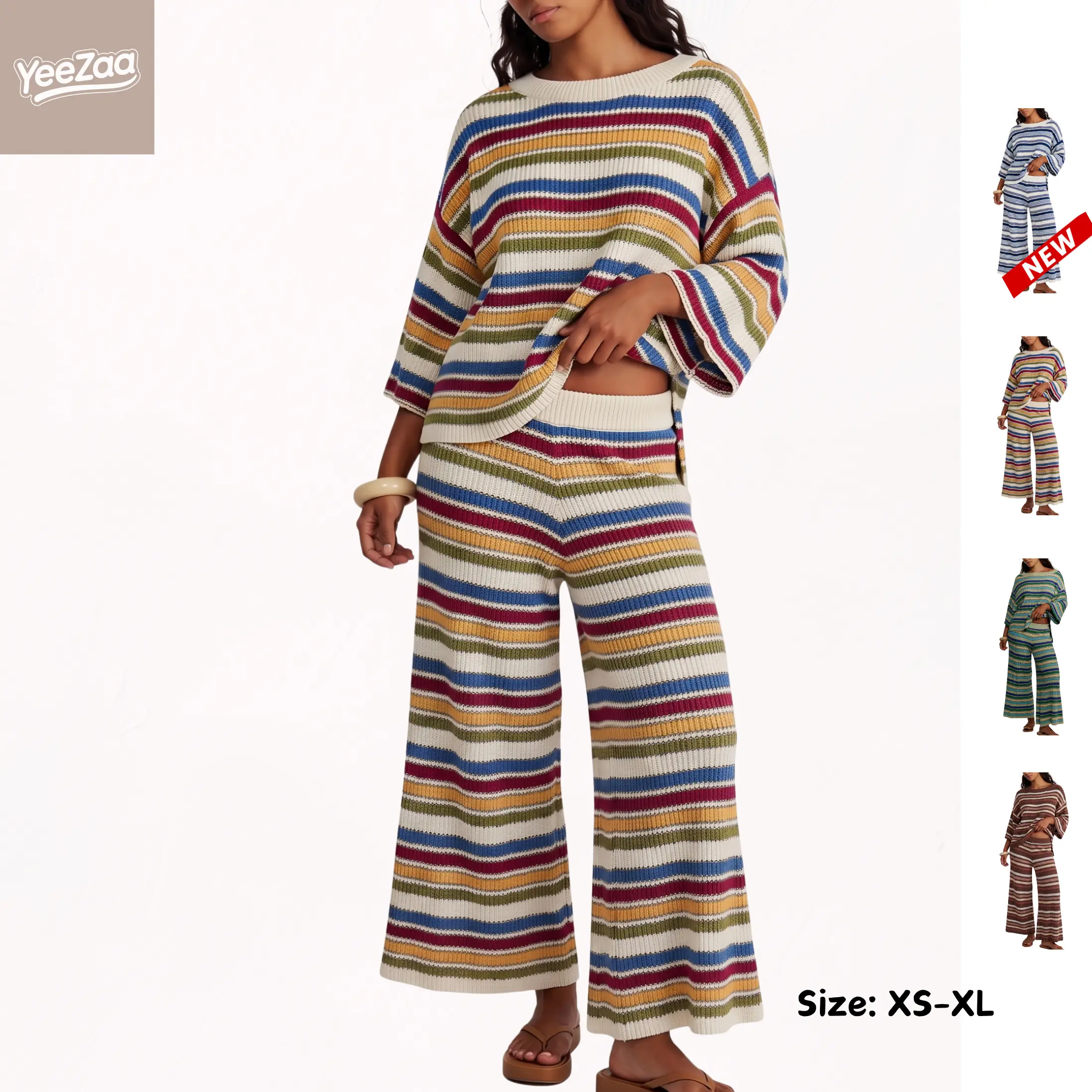 YeeZaa Striped Knit Sweater Set for Women 2 Piece multicolor stripe Crew Neck 3/4 Sleeve Loose Top Wide Leg Pants Oversized Fall Winter Casual Vacation Loungewear Matching Outfits