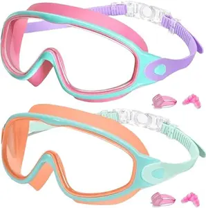 Swimming Goggles for Kids, Anti-Fog Wide Vision Goggles, 2 Counts/Set with Earplugs, Comfortable Silicone Material Diving Swim Goggles for Boys & Girls, Clear View No Leak Design for Pool Beach Training Water Sports Use