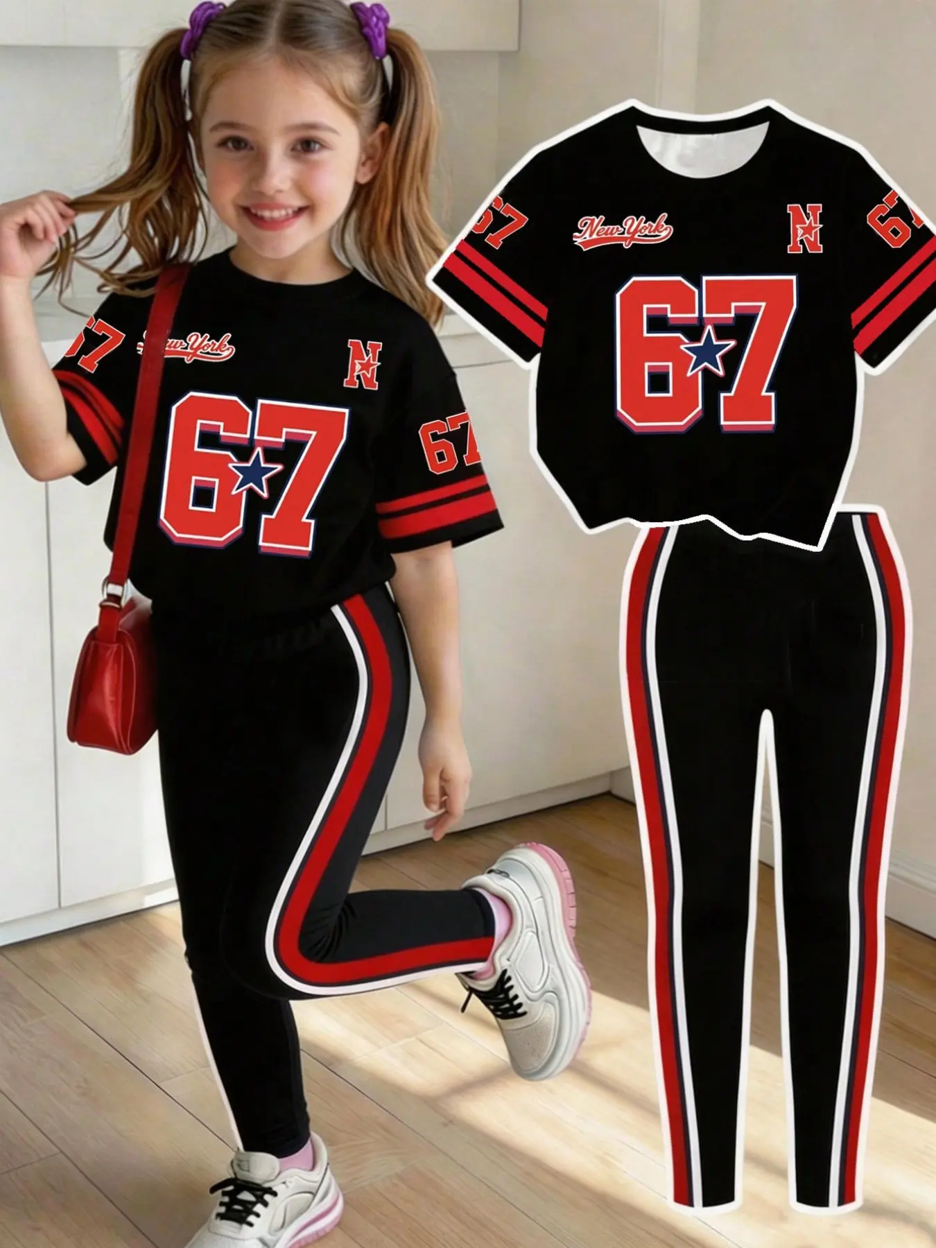 Girls' Sporty Letter Print Set, Casual 2-Piece, Kids Girls Clothing, Sports Clothing Set, Athletic Set, Sporty Tee Set, T-Shirt & Tight Bottoms, Comfortable Elastic Waist, Spring Summer Wear, Ages 4-12