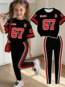 Girls' Sporty Letter Print Set, Casual 2-Piece, T-Shirt & Tight Bottoms, Comfortable Elastic Waist, Spring Summer Wear, Ages 4-12, Jersey Top, Sporty Tee Set