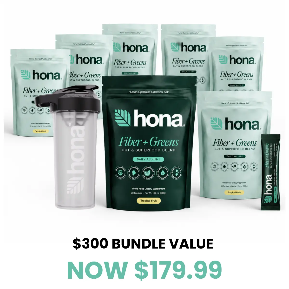 HONA Fiber and Greens Ultimate Tropical Bundle | 120 Servings with 90 Sachets, 30 Serving Pouch and 27 oz Shaker | Daily Gut Health Drink Mix with 8g Fiber, Prebiotics, Probiotics and Super Greens | Digestive Health and Regularity Support