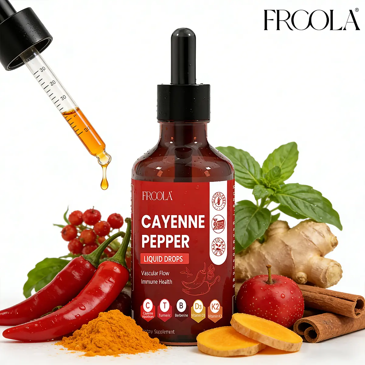 FRCOLA 9-in-1 Natural Dietary Cayenne Pepper Drops Supplement Liquid, with Vitamin and Turmeric (Cayenne Pepper Supplements for Health & Wellness), Healthcare, Immune Boost