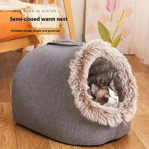 Winter warmth for cat and dog beds - Comfortable closed pet bed with plush pad, deep sleep design, portable cat house, suitable for indoor and outdoor cats and dogs. Thickened long-haired hand-held pet bed, machine washable, soft texture, durable structur