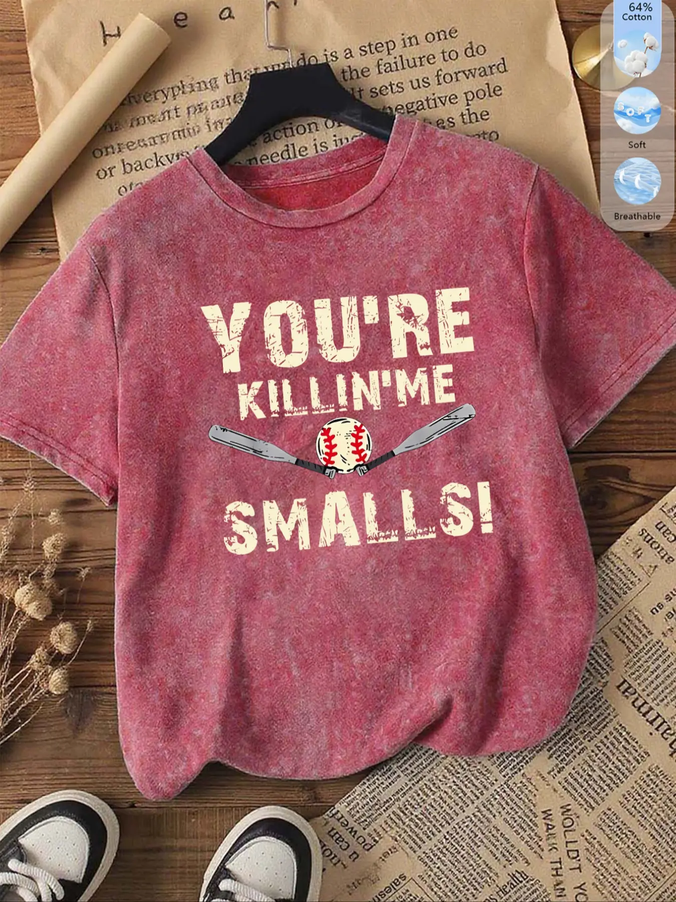 Women's Vintage Washed Cotton Knit Fabric Fitted Baseball Tee, You're Killin' Me Smalls Classic Quote Print, Comfortable Soft Breathable Casual Everyday Summer Top, Womenswear
