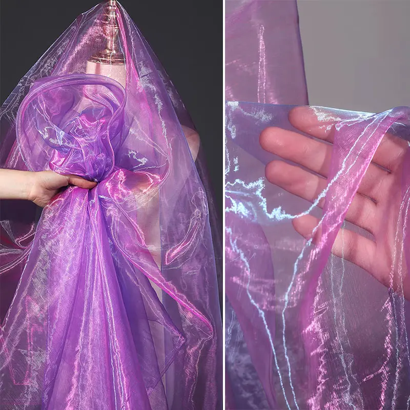 Purple and pink striped shiny semi-transparent mesh fabric — lightweight and breathable, with a dreamy effect, suitable for DIY crafts, party decorations, and student use