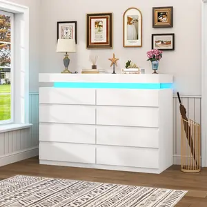 Modern 8 Drawer Dresser with Power Outlet LED Light Double Wide Chest of Drawers for Closet Bedroom Living Room White Organizer Cabinet