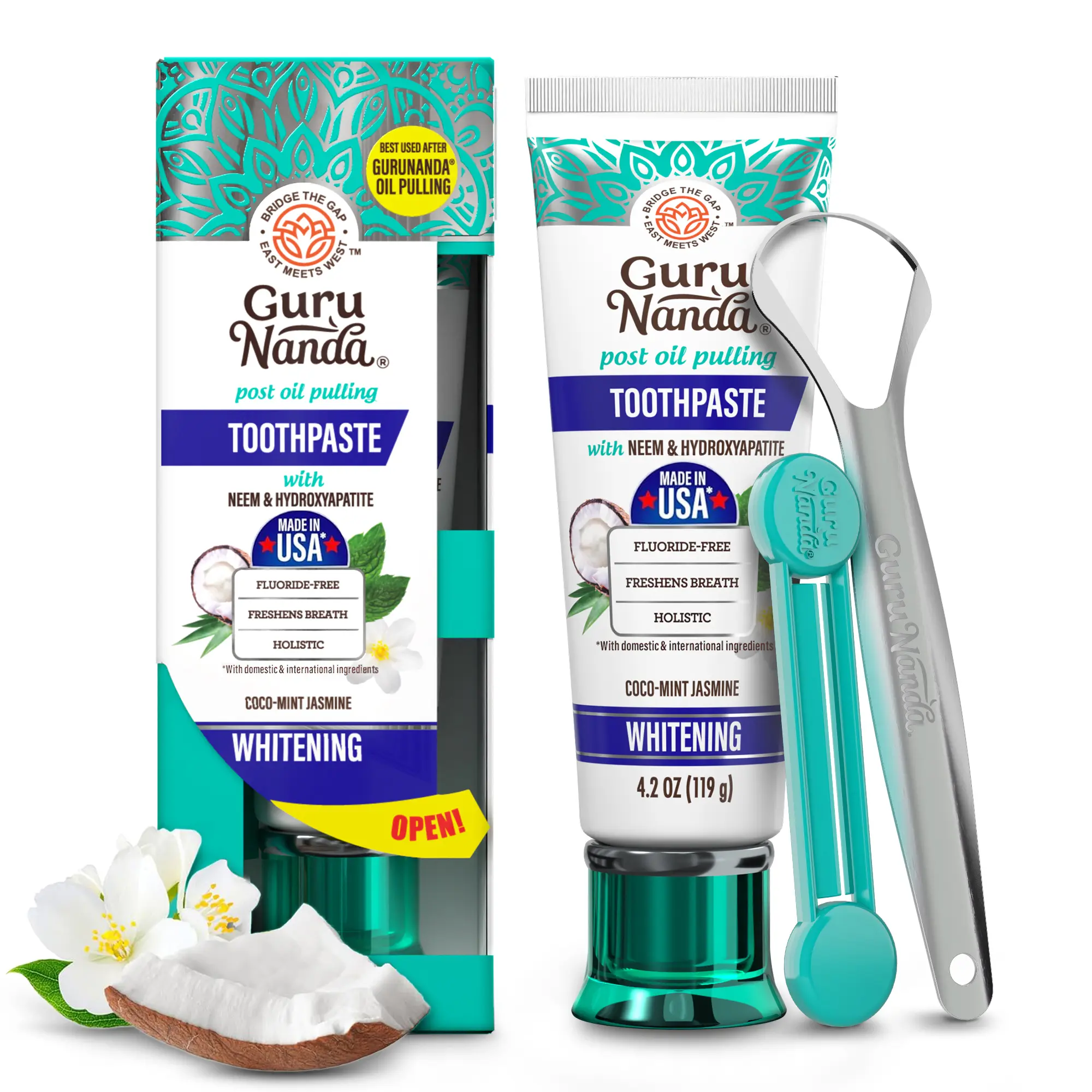 GuruNanda Hydroxyapatite Neem Whitening Toothpaste, SLS & Fluoride Free, Freshens Breath & Fights Plaque, Natural CocoMint Jasmine, 4.2oz