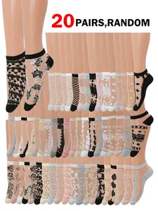 Women's Sheer Transparent Stockings, Summer Floral Pattern, Slim-Fitting Ankle Socks, Casual Knit Design, 10/20 Pairs Randomly Selected, Everyday Womenswear