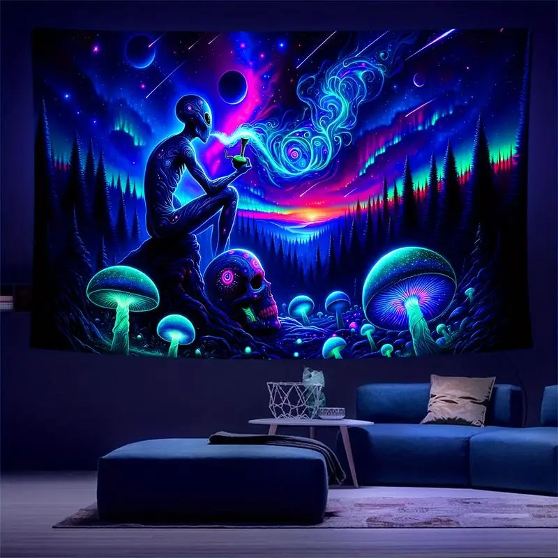 1-Piece Glow in the Dark Fantasy Alien Mushroom Polyester Peach Skin Tapestry - Lightweight Polyester Fabric, No Installation Needed, Rod Wave Wall Decor for Dormitory Home Supplies, Unique Room Decor
