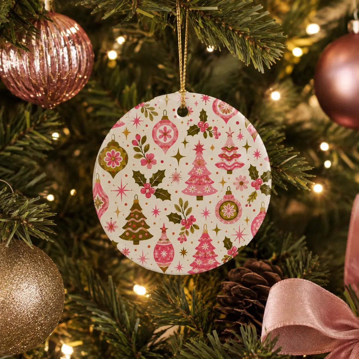 Pink Retro Christmas Ornament, Ceramic Tree Ornament, Vintage Christmas Decor, Groovy Holiday Ornament, Pink Christmas Gift