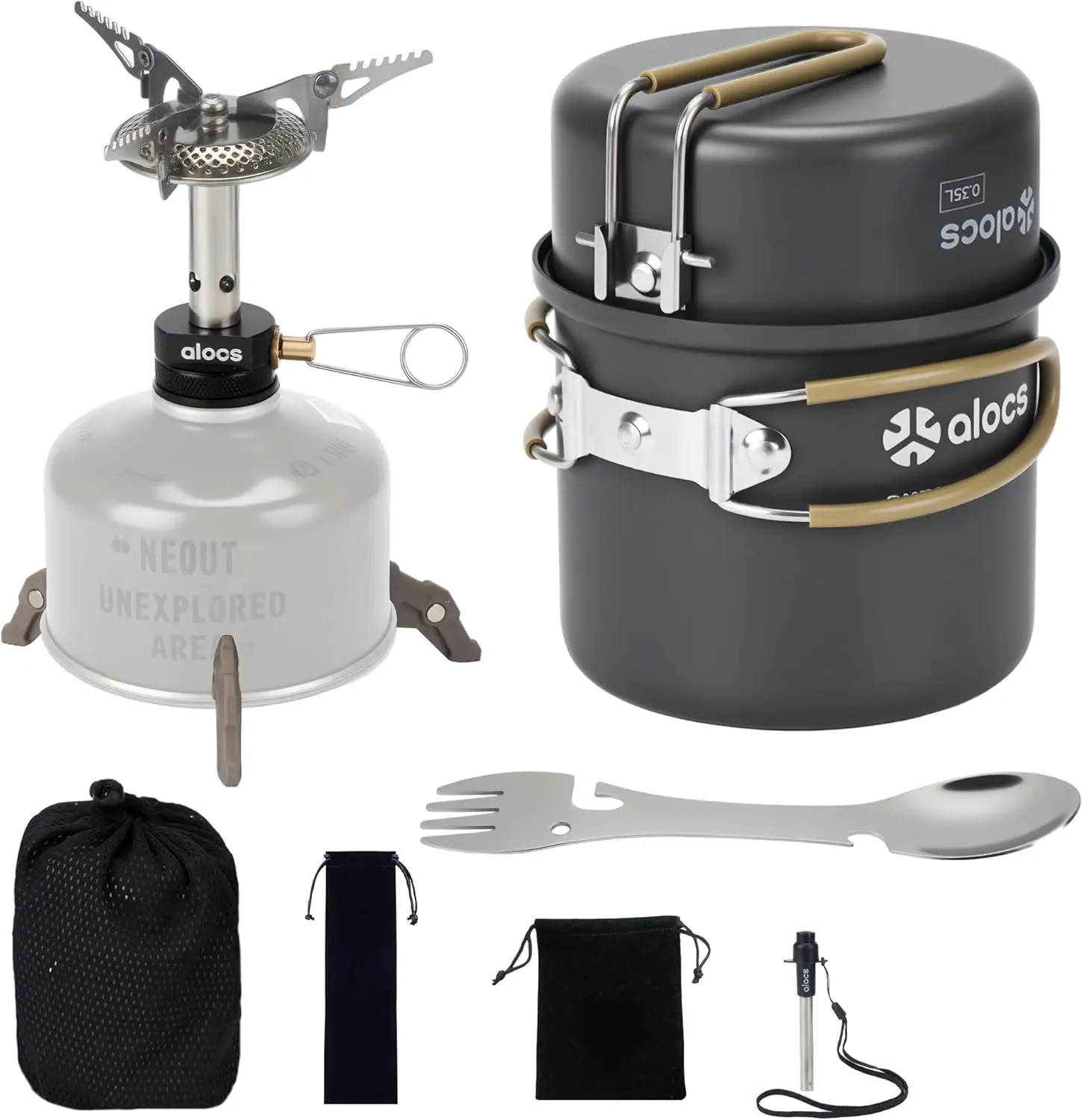ALOCS 9pcs Camping Cookware Kit, Non-Stick Lightweight Camping Pots with 3200w Stove, Igniter & Gas Canister Stand, 5-in-1 Utility Spork for Hiking, Solo Camping, Backpacking, Outdoor Cooking, Picnic