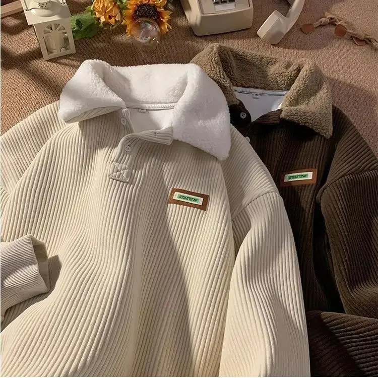 Men's Thickened Design Corduroy Polo Collar Long-Sleeve Fleece-Lined Sweater - Plain, Oversized, Retro, Street, Chic, Basic, Button-Front, New Year, Thanksgiving Apparel, US Vintage Couple-Matching Top, Size M