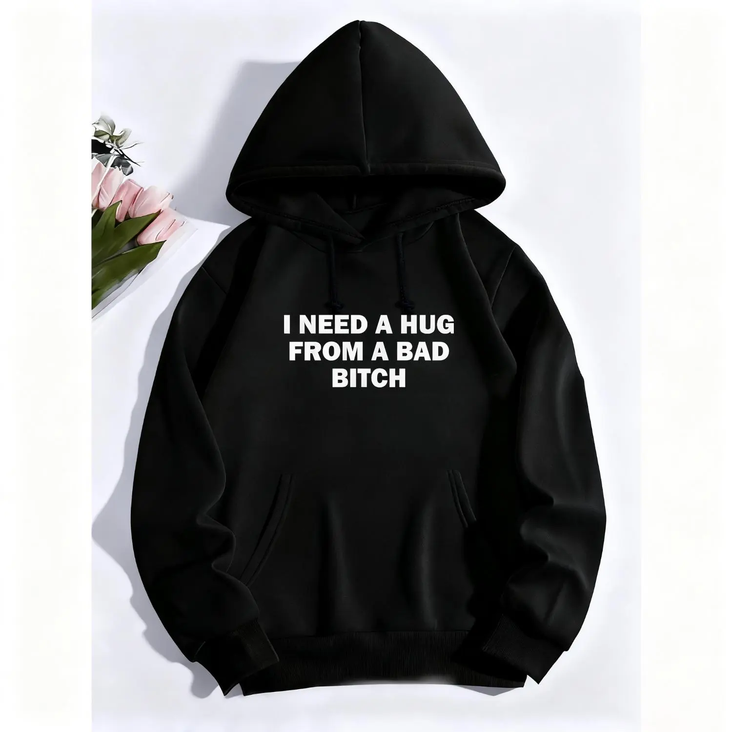 Women's Short-Sleeved Hoodie Sweatshirt - Interesting Letter Print, Funny "I Need A Hug From A Bad Bitch" Meme, Thick Soft Fabric, Unisex, Everyday Essential Vibe, Streetwear Pairing with Jeans Joggers