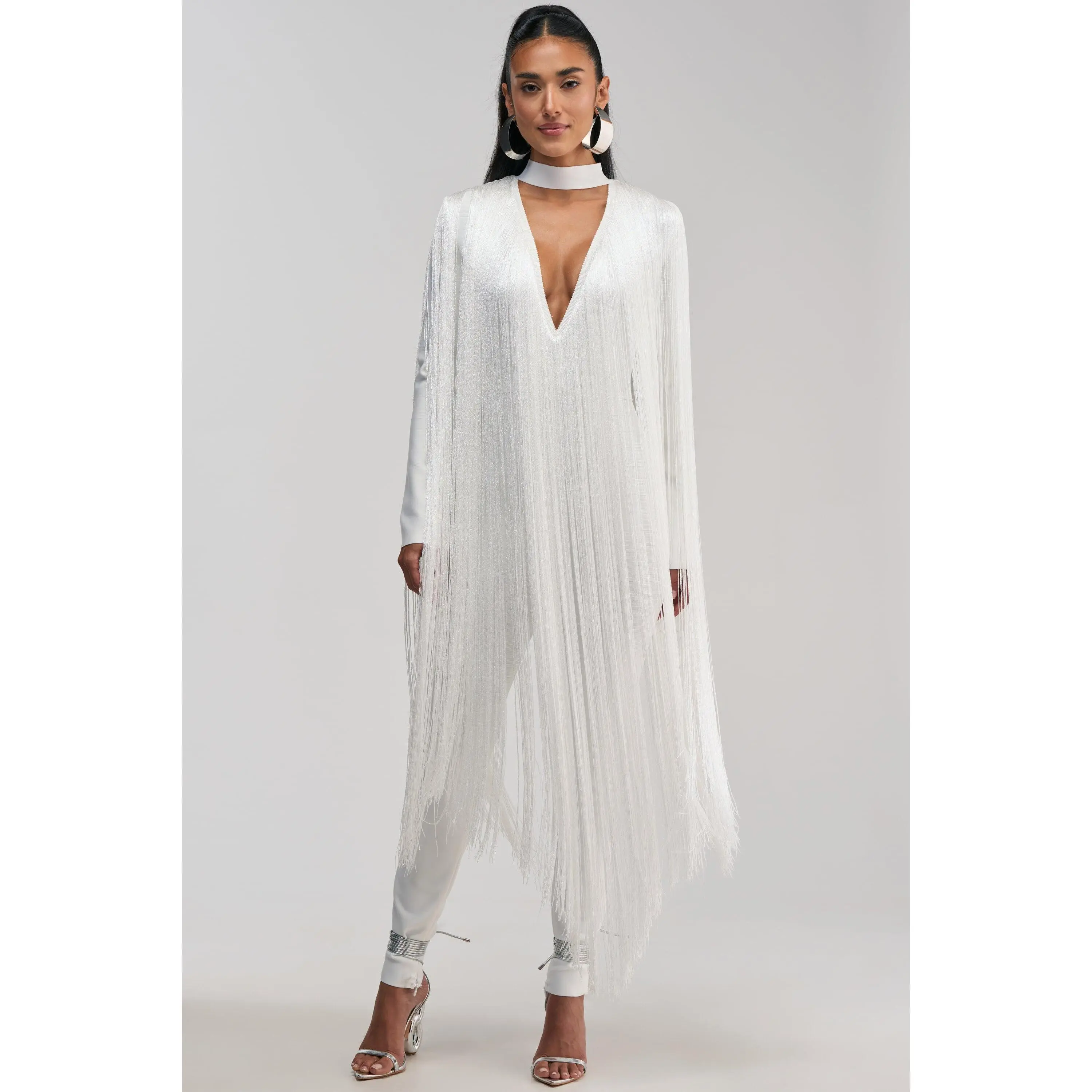 BELLE BANDAGE JUMPSUIT WITH FRINGE IN WHITE