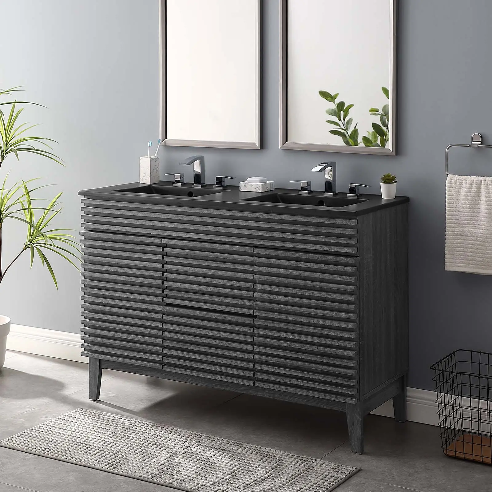 Modway Render 48" Double Sink Bathroom Vanity - Mid Century Modern, Retro, Charcoal Black, 48" Double Ceramic Basin Top, Assembly Required, Spacious Storage