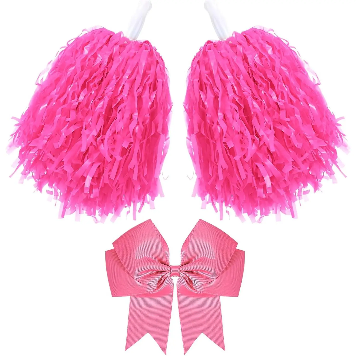 Women's Bright Cheerleading Accessories Set - 3 Pcs (10-in Plastic Fabric-Safe Pom Poms, Large Hair Bow, 40g Lightweight Portable Gear) for Practice, Basketball Teams, Cosplay Endeavors, Creates Cohesive Look, 10 Inches, 40 Grams, Creates A Cohesive Look