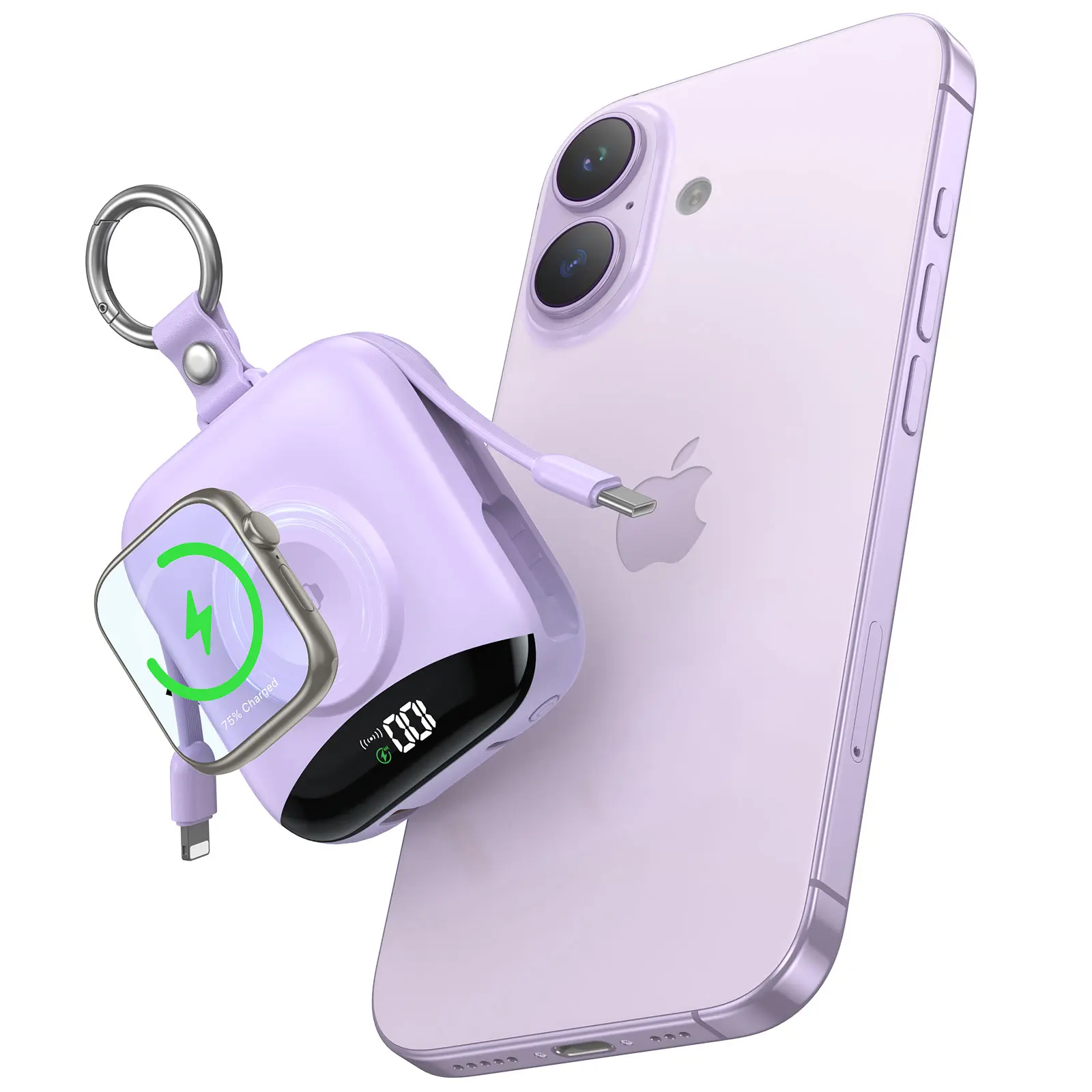 Diamuar 10000mAh Power Bank for Apple Watch Wireless Charger with Built-in Lightning & Type-C Cables LED Display Compact Keychain Portable Charger for iPhone Samsung Fast Charging backtoschool