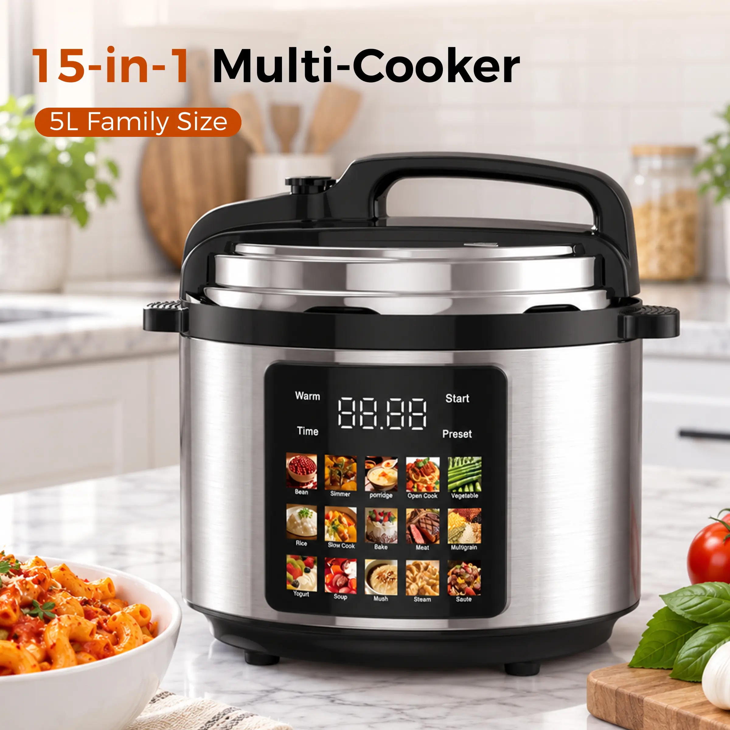 Stainless Steel Electric Pressure Cooker - 5L/5.3QT 15-in-1 Multi-Cooker with Preset Timer, Household Kitchen Appliance for Multi-Cooking, Stainless Steel Cookware