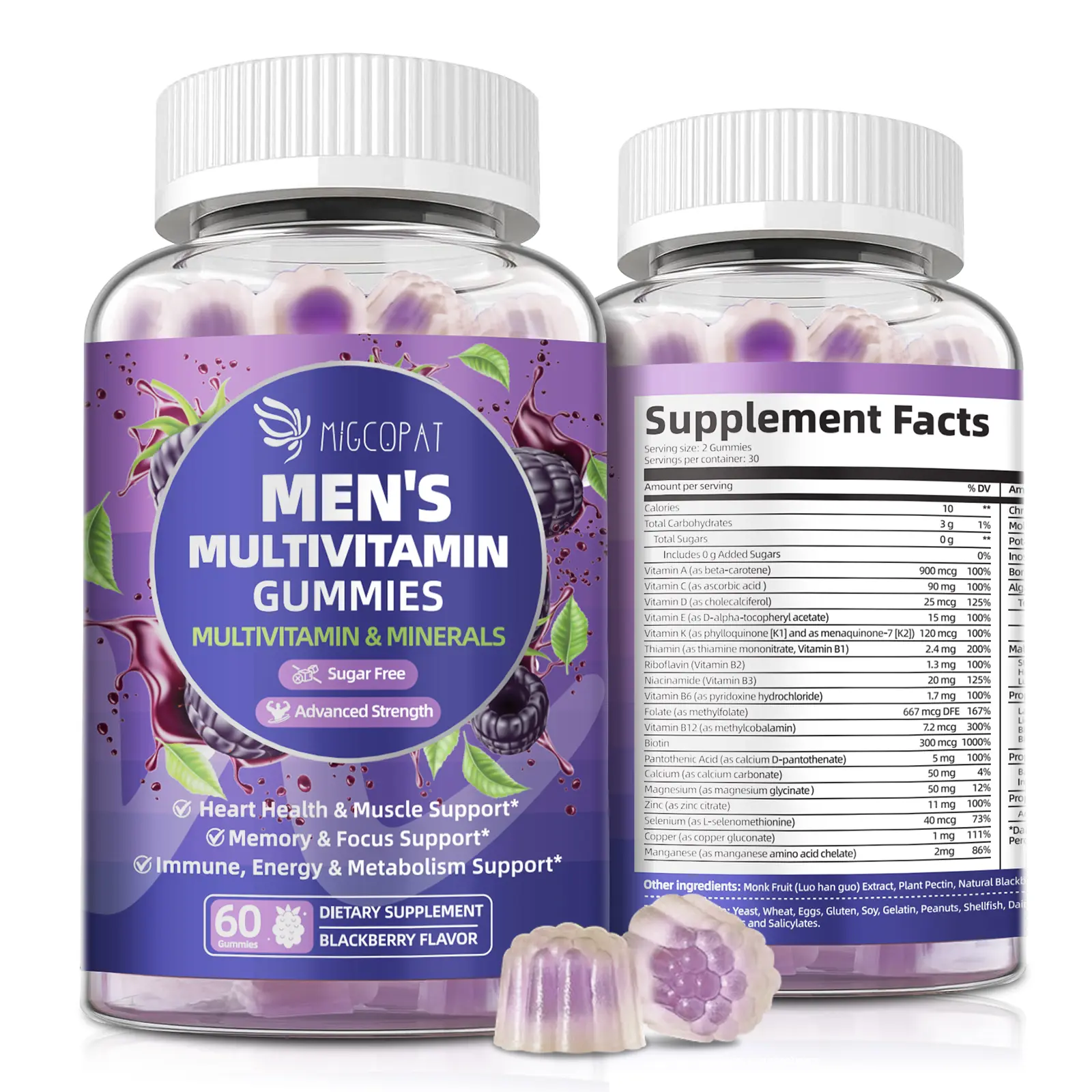 Migcopat Men's Multivitamins Gummies w/Omega-3,Probiotics,Inositol,Folate,Biotin,Zinc,Vitamins A C D E B Complex–Supports Overall Wellness,Heart, Brain,Muscle & Energy–Sugar-Free Blackberry Flavor–Male Daily Nutrition&Fitness Support Supplement