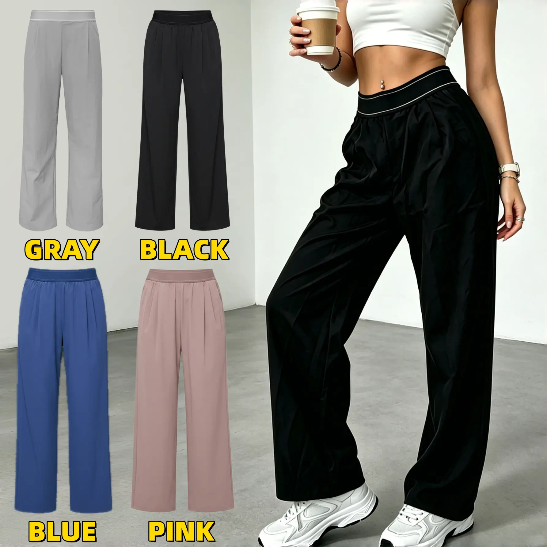 Three-piece women’s outdoor-inspired casual trousers featuring a high-waisted design, elasticated waistband, breathable fabric, and relaxed straight-leg silhouette—ideal for both home leisure and urban commuting.
