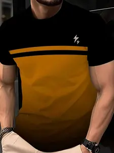 Men's 3D Lightning Print T-Shirt, Vibrant Stripes, Breathable Moisture-Wicking Fabric, Casual Streetwear Fitted Short Sleeve Round Neck Top, Menswear, Striped, Casual Style Tee