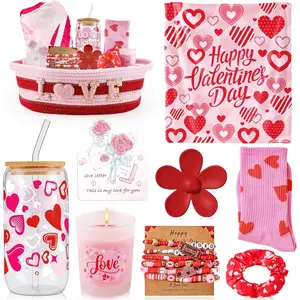 9 Pcs Valentine's Day Basket Gifts for Her, Woven Basket Birthday Gift Set with 50*60" Heart Blanket, 16 oz Glass Cup, Socks, Hair Clip Valentine Gift Stuffers for Mom Wife Daughter Teen Girlfriend valentine gifts