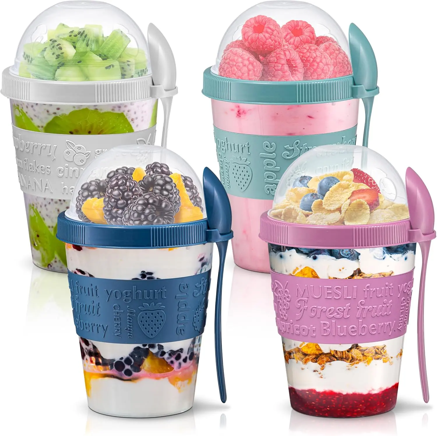 Tribello 4-Pack Transparent Plastic Kitchen Yogurt Parfait Cups with Topping Compartment & Spoon, Airtight Leak-Proof Reusable 20oz Kitchen Utensils for Breakfast Meal Prep, BPA-Free