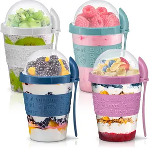 Tribello 4 Pack Yogurt Parfait Cups with Topping Compartment & Spoon for Breakfast Meal Prep, Reusable & Leak Proof- BPA Free - 20oz