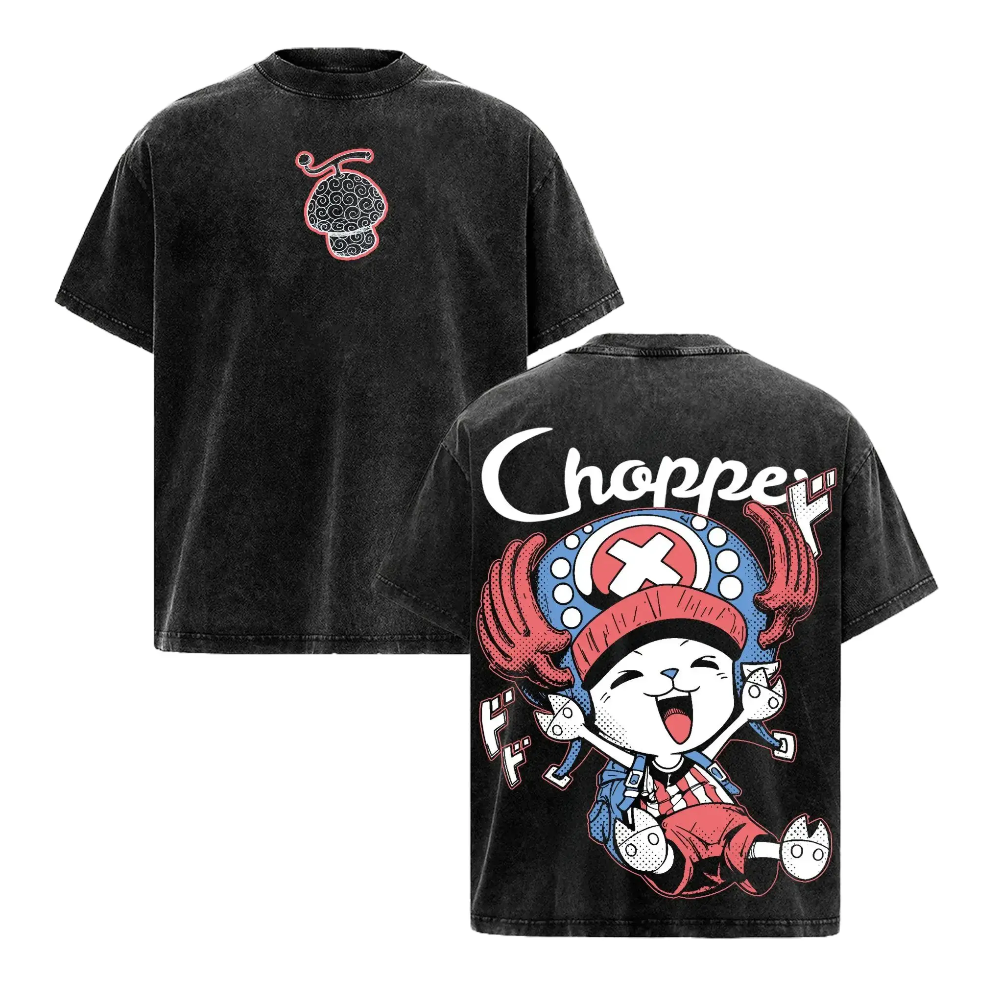 One Piece Tony Tony Chopper T-Shirt Cute Anime Graphic Tee Sakura Cherry Blossom Print Oversized Streetwear Manga Top Casual Black Crewneck Shirt Unisex Gift for Anime Fans Kawaii Y2K Aesthetic Everyday Wear