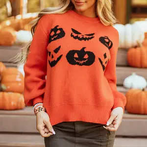 Women’s Orange Halloween Pumpkin Face Pattern Drop Shoulder Sweater