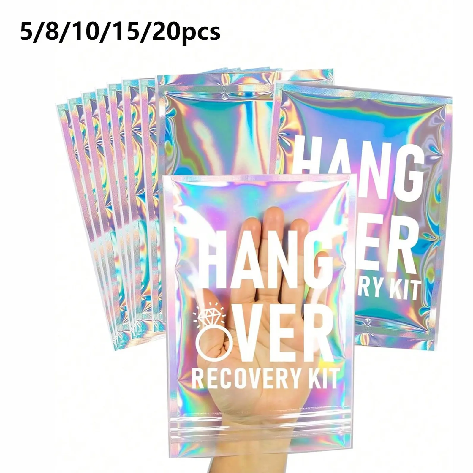 5/8/10/15/20pcs Hangover Recovery Kit, Self-Care Set, Pre-Printed Holographic Re-Sealable Bag, Party Pack, Perfect for Parties, Weddings, Birthdays, Bachelor Party Gift, Party Favor Gifts, Hangover Recovery Essentials Set