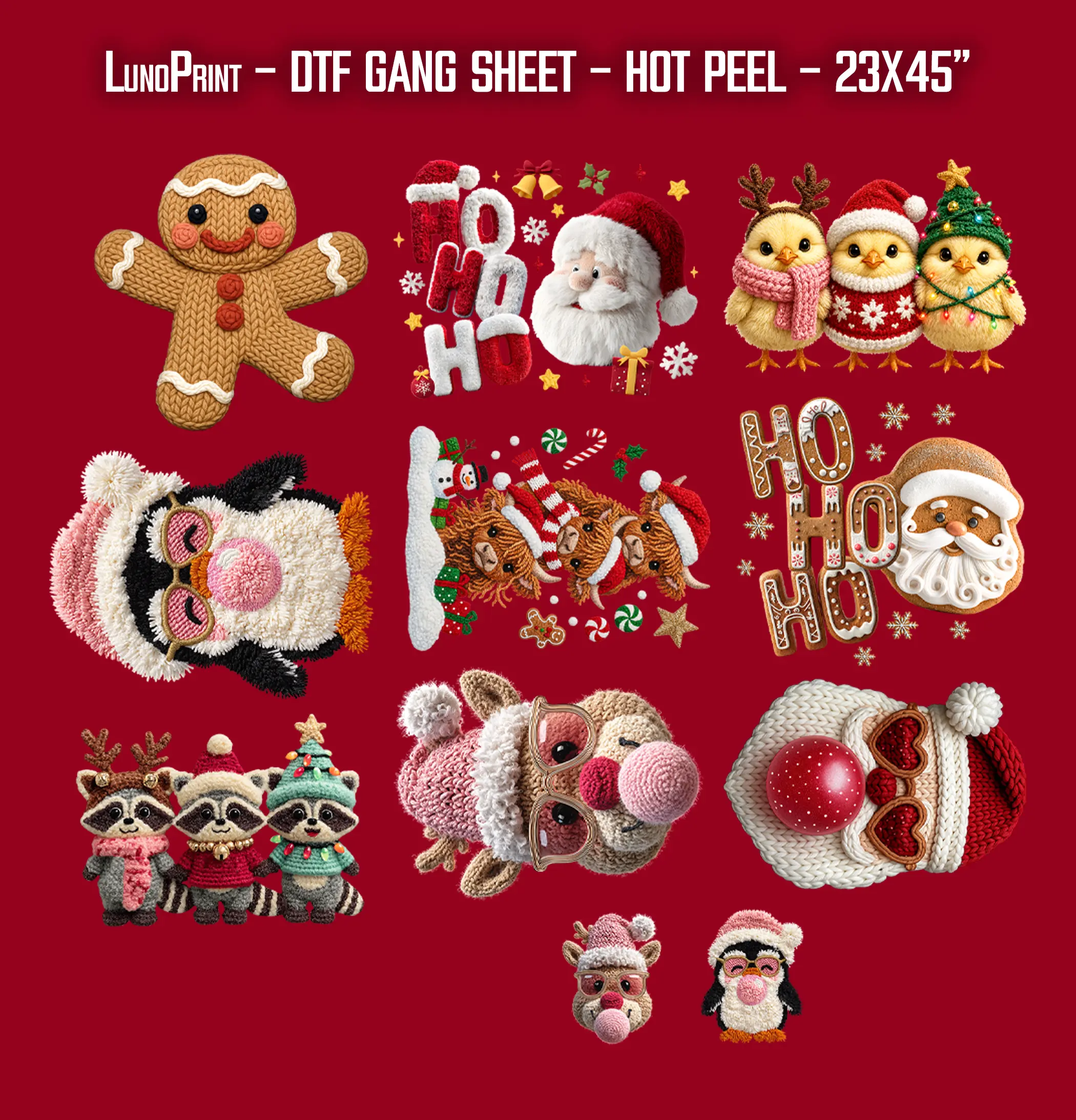 Faux Yarn Christmas DTF Gang Sheet 23x45 in. Ready-to-press Heat transfers