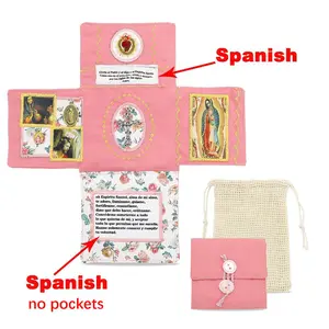 Handmade Catholic Prayer Pocket with Sacred Heart & Virgin Mary Crucifix – Spanish Prayer Text, Linen Drawstring Bag & Bible Card Set | Religious Gift for Mom, Grandma & Friends | Spiritual Comfort for Travel, Home Altar, Hospital & Back-to-School Season