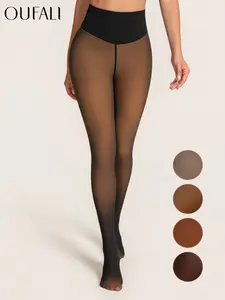 OUFALI One-Seam & 4 Shades Fleece Lined Tights Women Sheer Black Fleece Pantyhose Winter Warm Thermal Fake Translucent Leggings Closed Foot