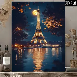 2D Flat, 1pc Paris Eiffel Tower Moonlit Night Canvas Poster -  Wall Decor with Full Moon & Reflections, Modern Vintage French Landmark Art Print for Living Room, Bedroom, Office - Ready-to-Hang Horizontal Painting, Art Decor,
