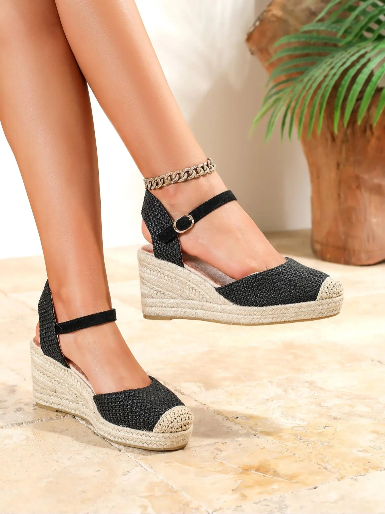 Women's Fashionable Stylish Classy Elegant Solid Color Espadrilles, Casual Comfortable Platform Wedge Sandals for Beach, All-match Ankle Strap Sandals for Daily Wear, Girl, Buckle Design Wedge, Platform Wedge Heel, Platform Wedge Shoes, Thick Wedge Sole