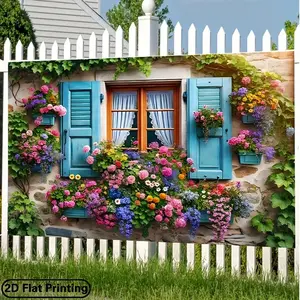 Vibrant Blue 2D Flat Window Floral Backdrop Banner - Polyester Soft Fabric, Multi-Size, Blooming Flowers, Flower Design, Easy Setup, Reusable Decor for Weddings, Home Gatherings