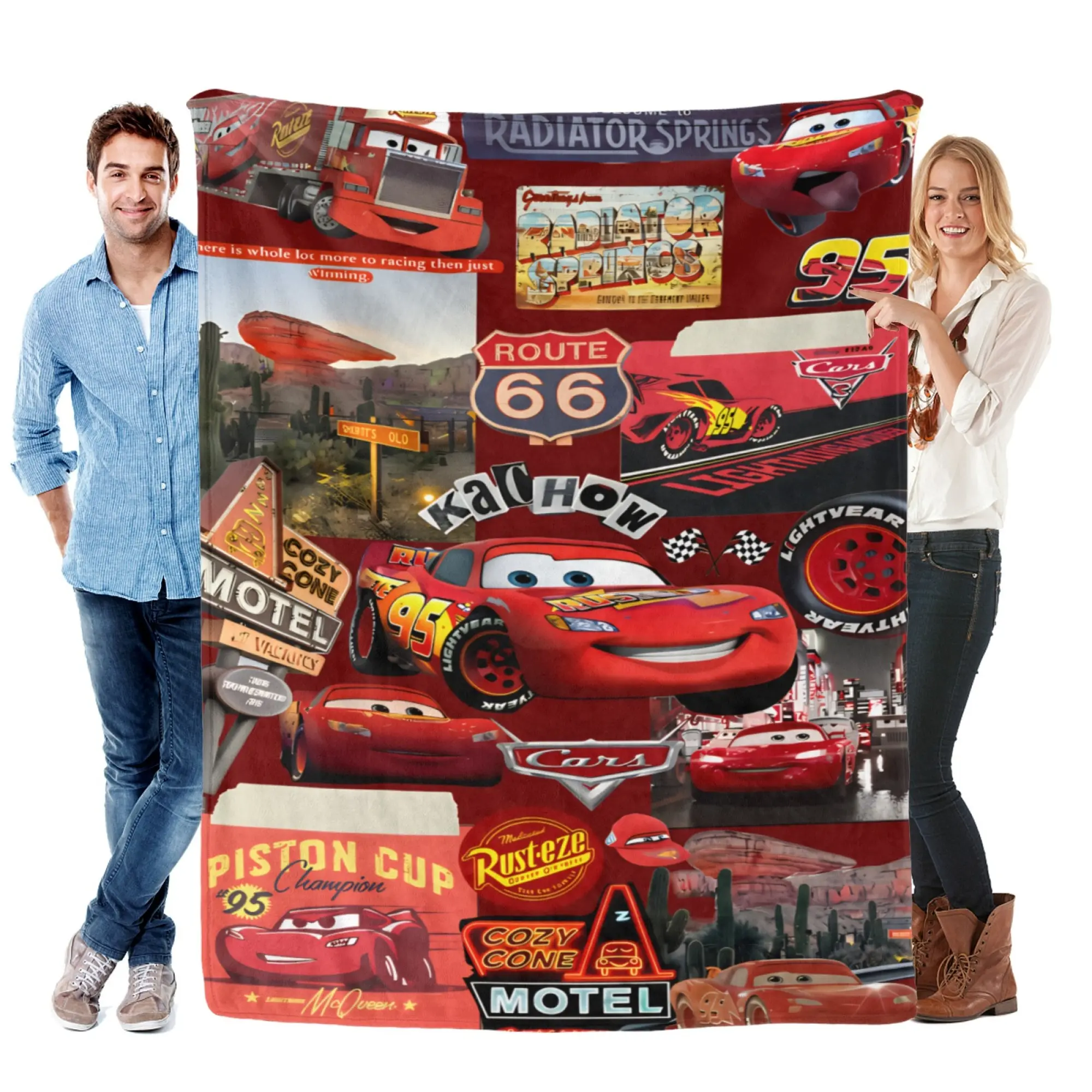 [SummerVibes] DISNEY CLASSIC Cars Lightning McQueen Soft Flannel Blanket, Route 66 Collage 2D Print Cozy Throw, Office Nap, Home Decor & Outdoor Sports Multi-Purpose