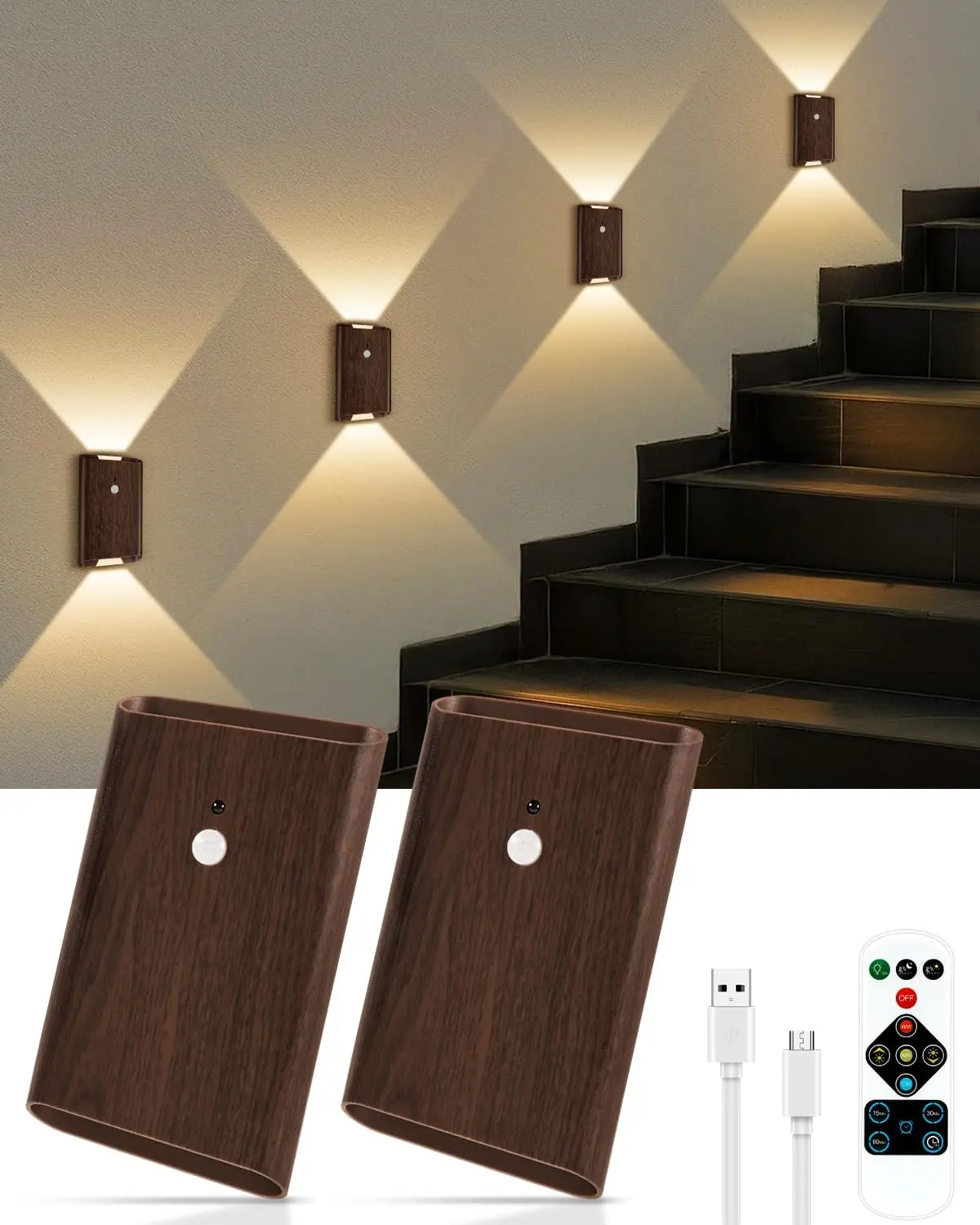 [Summer Finds] Autonight Light Classic Walnut Grain Finish Motion Sensor Wall Sconce with Remote 5000mAh Battery 3 Color Dimmable Up/Down Lighting for Hallway Bedroom Stairs Adjustable Leds Porch Light,amazon ambient light for home,Father's Day Gift campi