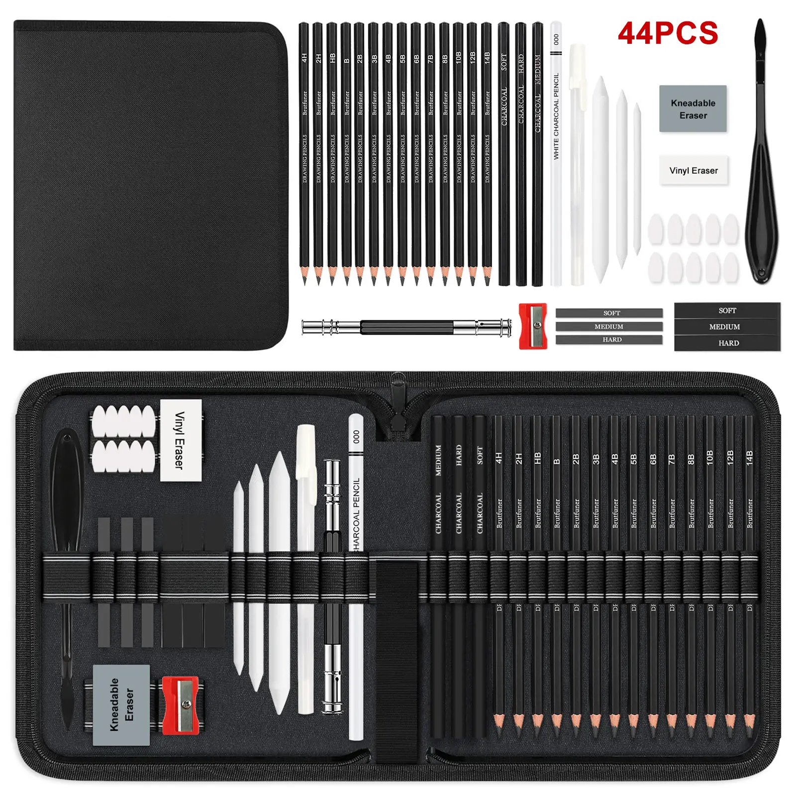 44 pcs Drawing,Sketching Kit with Graphite & Charcoal Pencils, Blending Tools,Erasers & Accessories, Art Drawing Supplies, Art Set, Portable Zippered Travel Case for Artists & Enthusiast,For Professional artistic use