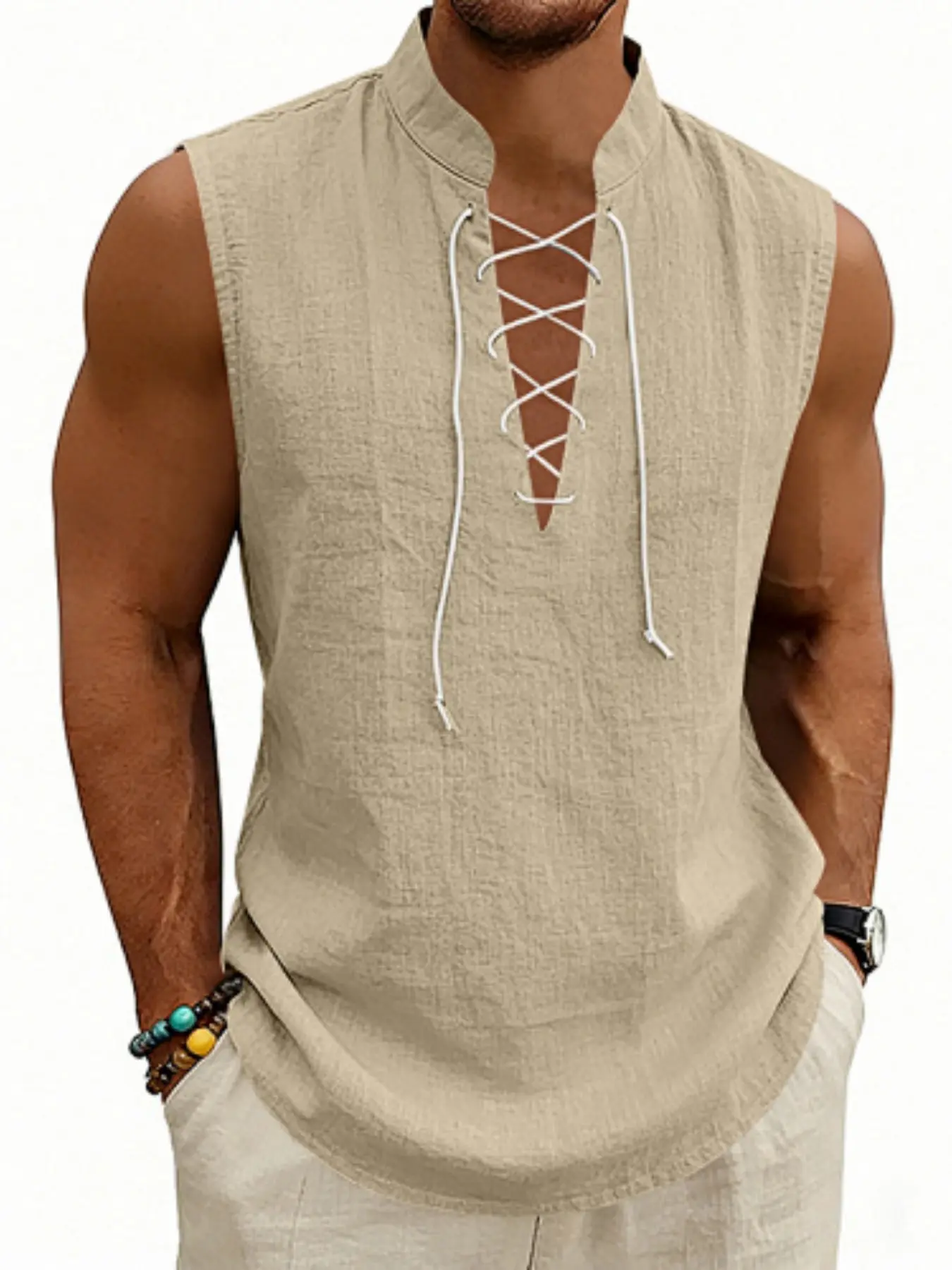 American Summer Loose Fit Casual Men's Viking Medieval Drawstring Linen Breathable Sleeveless Vest, Comfortable and Stylish Design Loose Vest Top