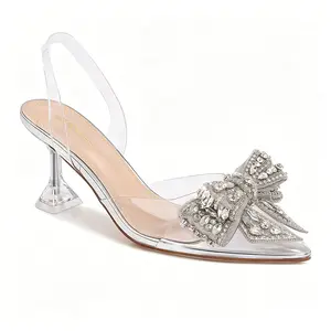 BERNESS Nina Crystal Bow Clear Kitten Heels and High Heels Womens Pointed Toe Slingbacks with Rhinestones Decor Cushioned Memory Foam Insole Fashion Shoe for Weddings and Summer Footwear Stylish Classy