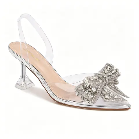 BERNESS Nina Women's 3-inch Crystal Bow Kitten Heel Sandals - Pointed Toe Slingback Bridal Footwear with Memory Foam for Weddings, Summer Parties