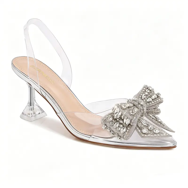 BERNESS Nina Women's 3-inch Crystal Bow Kitten Heel Sandals - Pointed Toe Slingback Bridal Footwear with Memory Foam for Weddings, Summer Parties