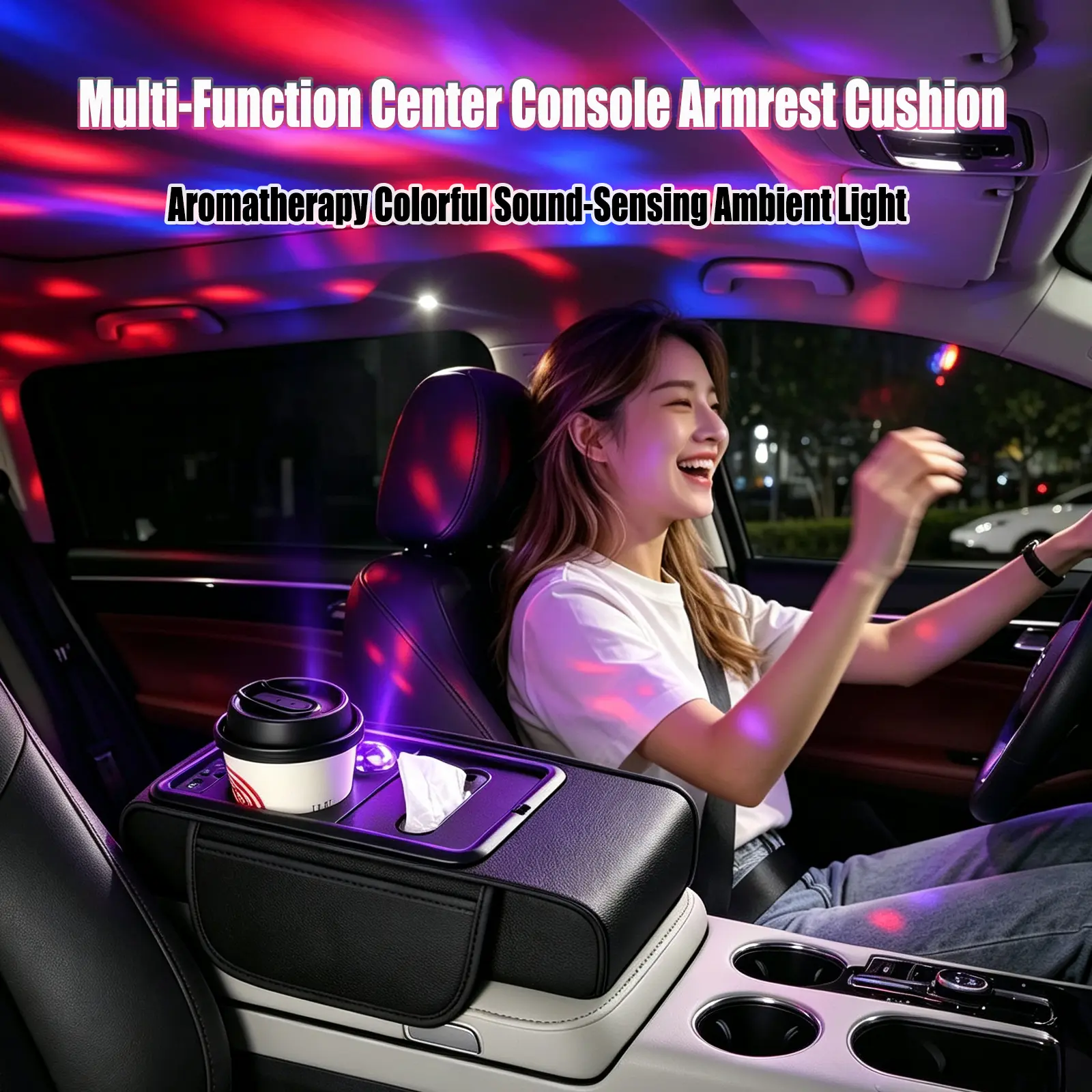 Car Armrest Cushion - Memory Foam, USB Humidifier & RGB Light, Boujee Car Accessories, Interior Car Stuff for Girls starry sky projection