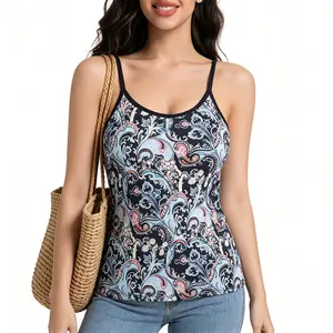 Women's 2026 Fashion Paisley Print Spaghetti Strap Cami Tank Top with Built-in Bra for Summer Outdoor Activities, Beach