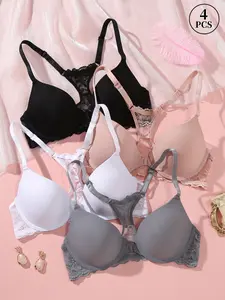 4PCS Lace Patchwork Front Buckle Fit Push-Up Bra, Womenswear, Comfortable Breathable Adjustable Straps, Pure Color Style Easy Wear, Daily & Special Occasions