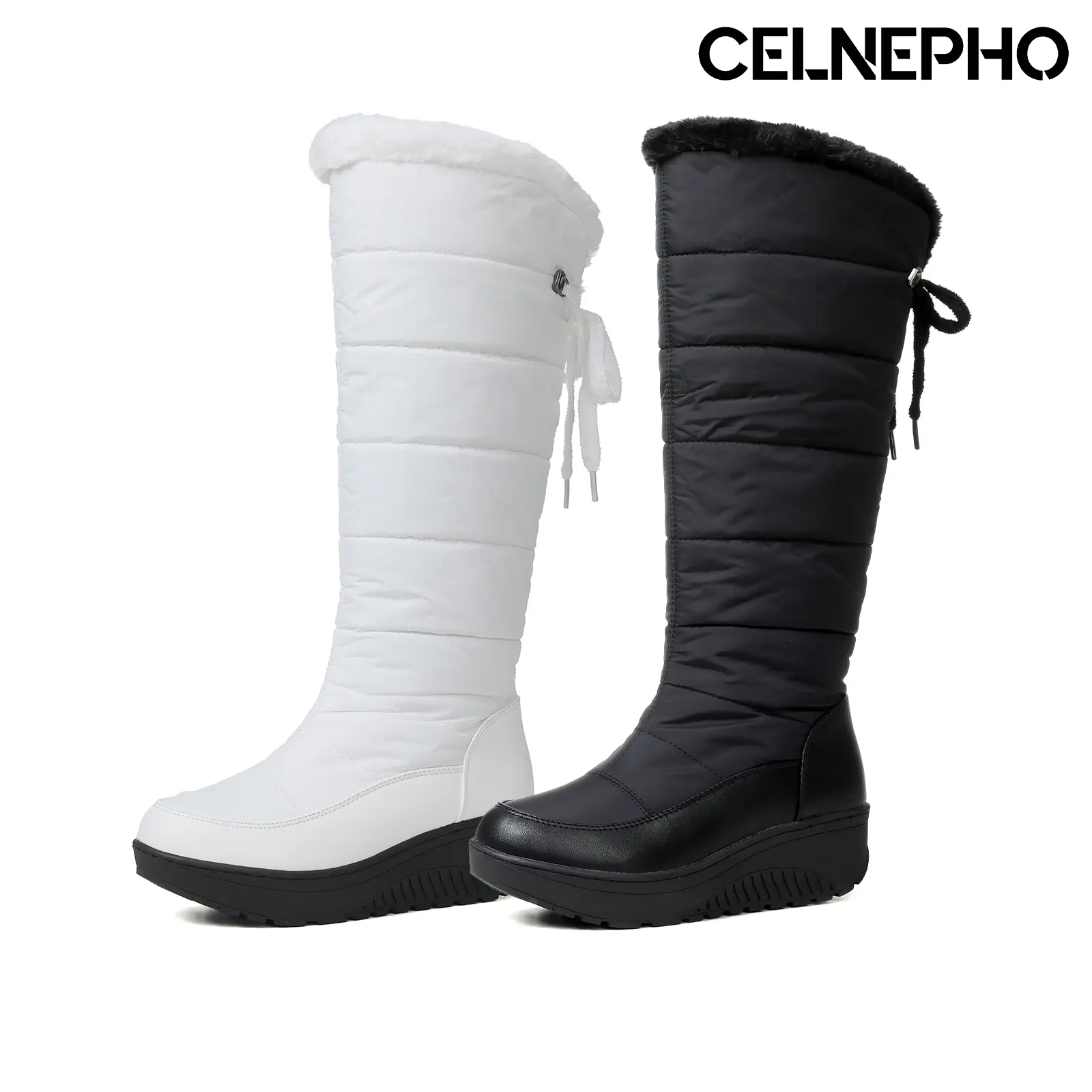 CELNEPHO Knee High Boots for Women Round Toe Combat Platform Heel Winter Snow Boot Easy Pull on Comfy Fluffy Faux Fur Lining Party Club Dance Work Casual Travel Outdoor Events Holiday Fashion Dressy Shoes
