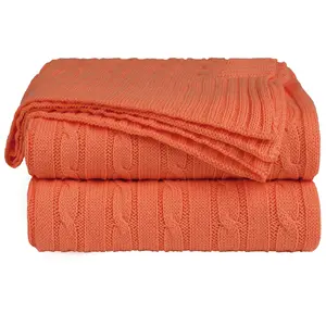 PiccoCasa Soft 100% Cotton Knitted Throw Blanket for Sofa and Couch Lightweight Cable Knit Bed Blanket Home Decorative Blanket Orange 47x70 Inches